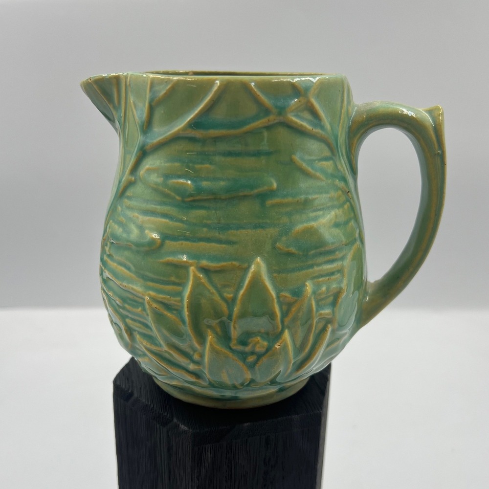 Vtg 1930's Nelson McCoy Pottery Water Lily Lotus Green Pitcher # 124 MCM USA